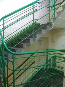 A side view if the stairwell inside of the former Dalston Police Station. Hackney